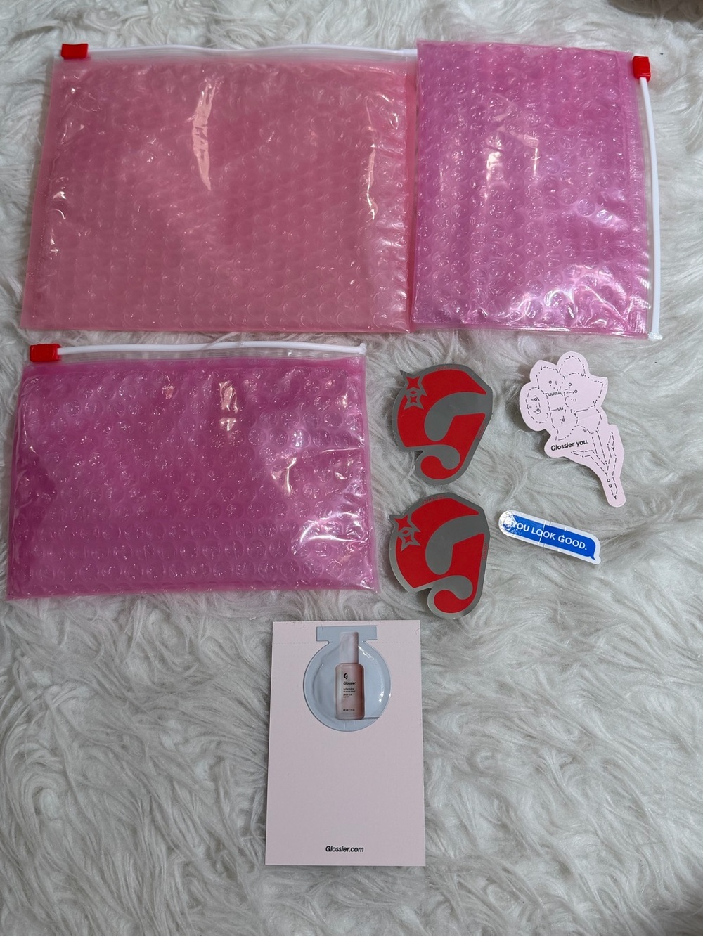 Glossier Pink Bubble Zip Pouches Bags and Stickers - Set of 3